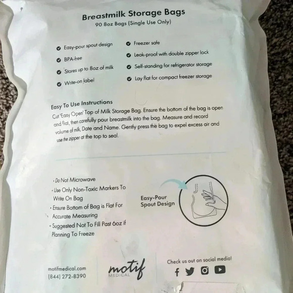 Motif Medical 90 Count 8oz Single Use Breastmilk Storage Bags Freezer BFA - Picture 4 of 4